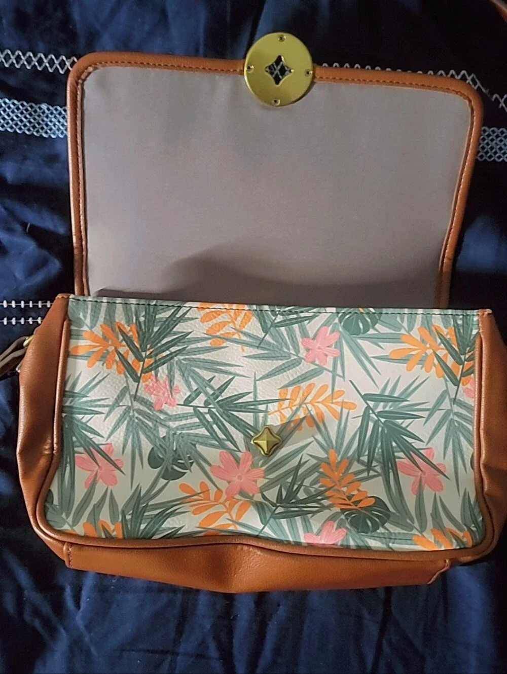 Fossil Tan Crossbody Bag with Green and Peach Floral Panel